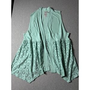 LOGO by Lori Goldstein Women's Med. Aqua Blue Open Front Eyelet Lace Sleeveless